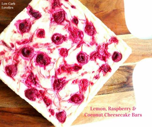 Lemon, Raspberry & Coconut Cheesecake BarsThis lovely low carb lemon cheesecake is popping with 