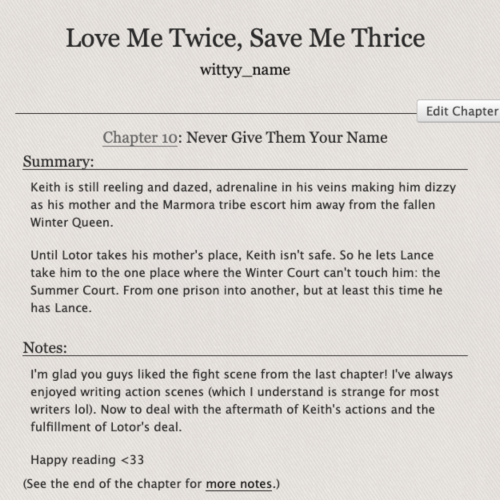 Love Me Twice, Save Me Thrice - Chapter Ten on Ao3✨Klance ✨Fey Lance / Half-Fey Keith ✨Modern Faerie