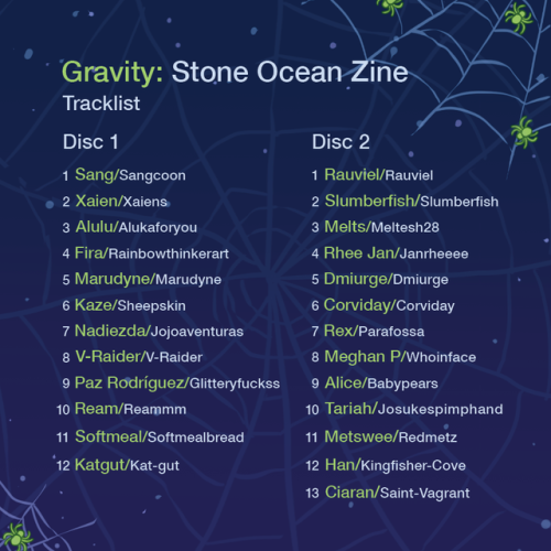 bearzarrezines:Presenting the Tracklist for Gravity: A Stone Ocean ZineDisc 1: Sangcoon / Xaien / Al
