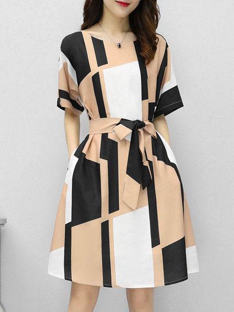 Round Neck Color Block Colouring Geometric Printed Shift Dress