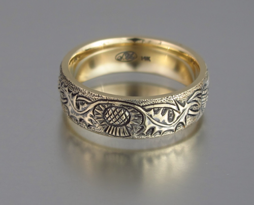 THISTLE mens wedding band in 14k yellow gold with black rhodium plating. 