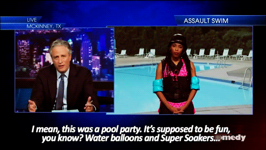 sandandglass:TDS, June 8, 2015Jon Stewart and Jessica Williams discuss the police incident at a pool