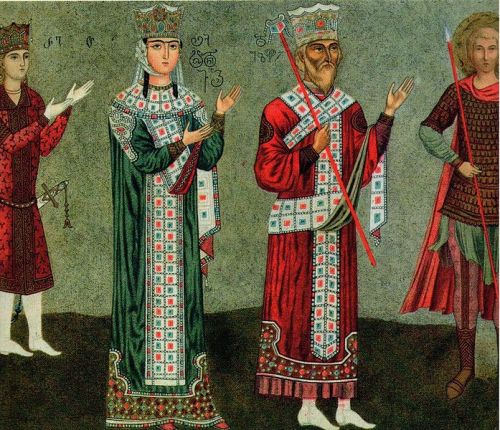 Historical costumes of Georgia illustrated by Grigory Gagarin in 1880s;Queen Tamar of Georgia and Ki