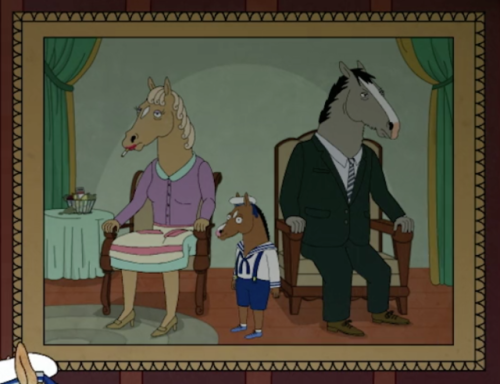 Parallels between Beatrice and Bojack in the family portrait, both have that same wide-eyed innocenc