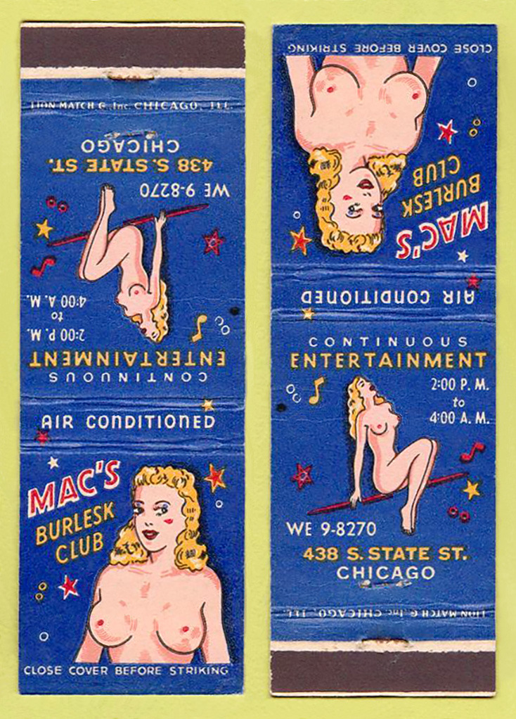 Vintage 50’s-era matchbook for ‘MAC’S Burlesk Club’ in Chicago, Illnois;