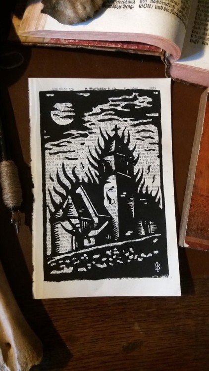 burning church, limited linoprint on a 100 years old bible pageavailable at. www.etsy.com/de/shop/ha