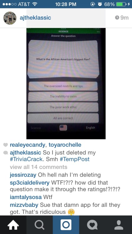 blackfashion:  crime-she-typed:  lankthagod:  thetallblacknerd:  lareinadesol:  Really trivia crack ? Deleting 😐😒  for real?  I don’t believe this shit  Can we boost this until it breaks the internet? Cause this is honestly a problem, we cannot