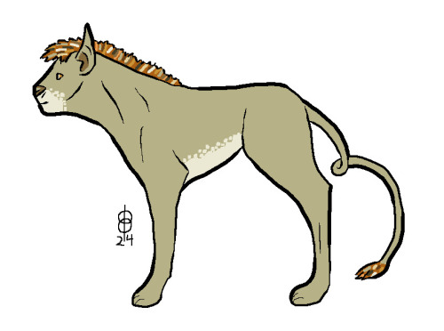 A drawing of a pale grayish-brown mammal, with white coloration around its muzzle and belly. It has large, bat-like ears, a short muzzle, and long legs. It has a short, somewhat equine mane, brown but with flecks of various different colors, all of which are realistic as a shade of fur. The tuft on its long, curling tail is similarly colored.
