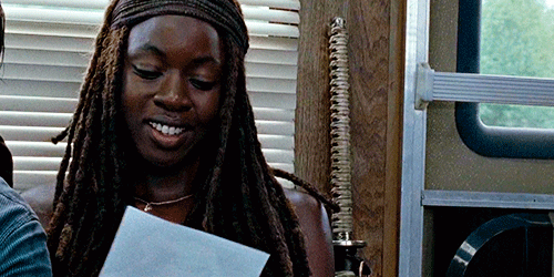 carolsdixxon: Michonne + Smiling Hmm. Notice that in all of these pics except two they involve Rick 