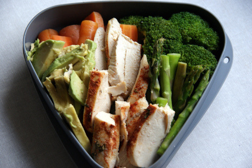 prettygirlfood:  Carrots, Avocado, Broccoli, Asparagus & Roasted Chicken 