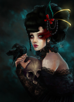 just-art:  Metamorphosis by Nour Fakih (MischievousBird on Deviantart)Digital Painting done in Photoshop CS6  This piece is a part of a recent collection I’ve been working on where I paint what I love: ravens, pearls, female figures/portraits, victorian/g