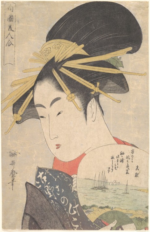 met-asian:南国美人合|Courtesan Holding a Fan by Kitagawa Utamaro, Asian ArtMedium: Polychrome woodblock p