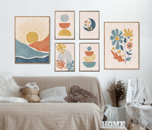  Boho gallery wall art set of 6 prints, Blue terracotta and yellow wall art, Modern sun and moon art