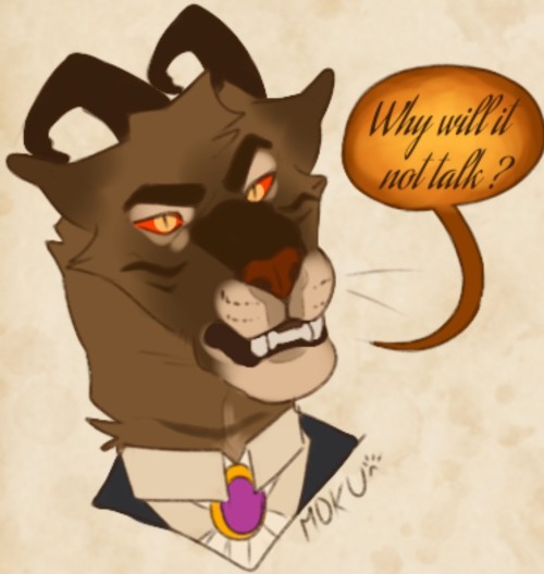 A 3/4 view of Edward's face, as he angrily stares at the viewer, frustrated. His head is slightly tilted, revealing a few of his teeth. He asks : "Why won't it talk ?".