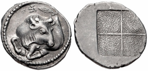 archaicwonder:Tetrobol from Akanthos, Macedon, c. 470-390 BC Forepart of bull left, its head facing 