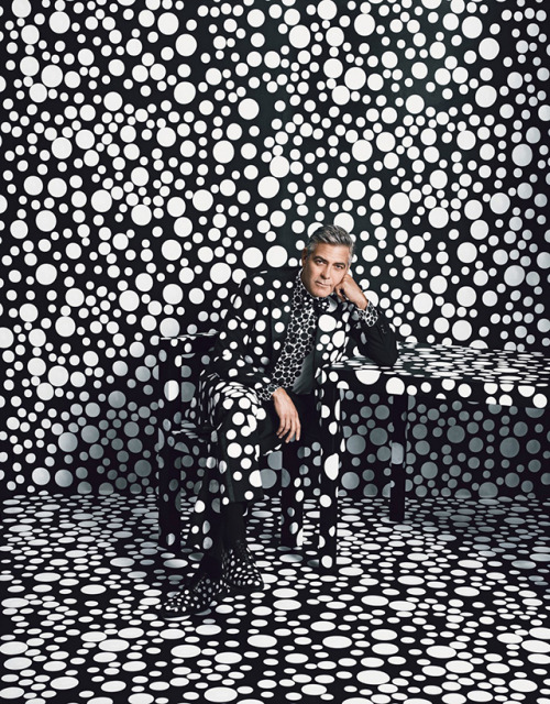 LOVE this interpretation by Yayoi Kusama of George Clooney for W Magazine. George Clooney: Spot the Star is interpreted by five artists in totally different ways. This spread is by far the most SPOT on