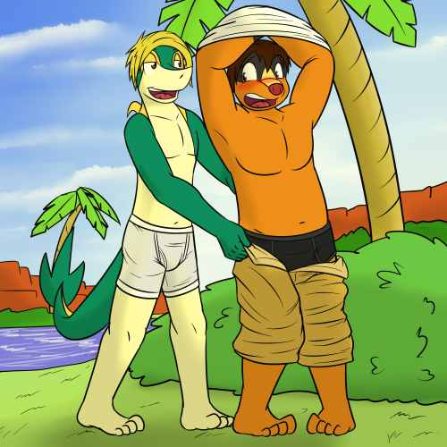 “Hey, Booster, looks like the swimmin’ hole was finished, wanna go see?” the snivy asked the tepig.  The two pokemon had saved up funds for the construction crew to dig them up a relief from the summer heat.“Really!?” the