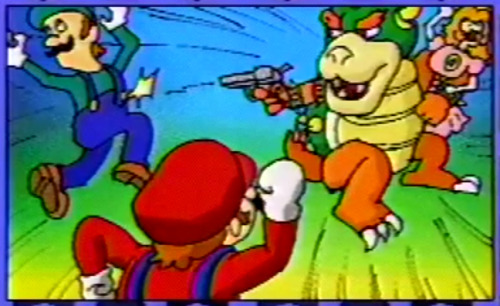 suppermariobroth: Artwork of Bowser shooting Luigi with a gun, shown in a comedy segment of an offi