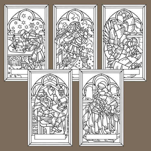 Line art for the first five cards of the Tarot of Devotion! Three witches (with the blades) two pilg