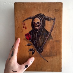 theswiftdeathhorseclub:  Pencil, marker and colored pencil on a wooden box..   SS