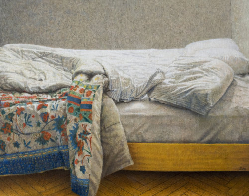 huariqueje:Bed   -   Luino-Bernardino, 2017Italian,b. 1951-Oil on panel,  24.3 x 31 cm.