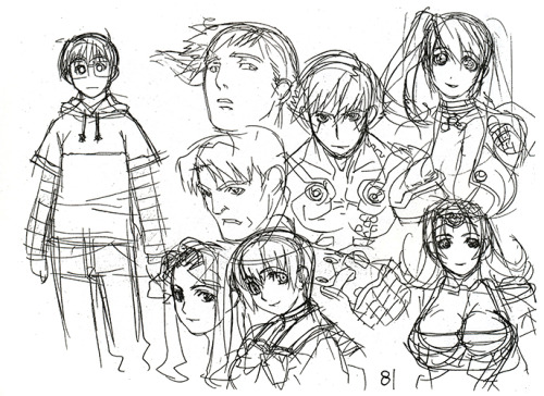 artbooksnat:  Rough sketches by Uno Makoto in a Studio Xebec doujinshi. Uno Makoto is an animator and character designer, whose character designs can be seen in Love Hina, Gravion, Stellvia, Witchblade, and the recent Qwaser of Stigmata. 