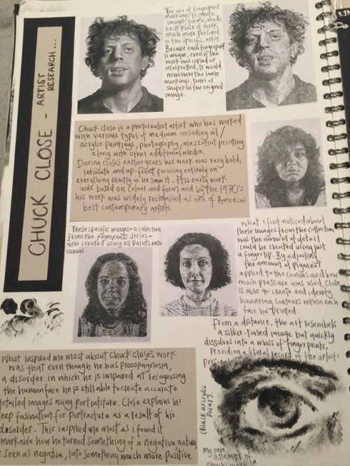 Chuck close research page, my work in bottom right hand corner using primarily fingerprints.