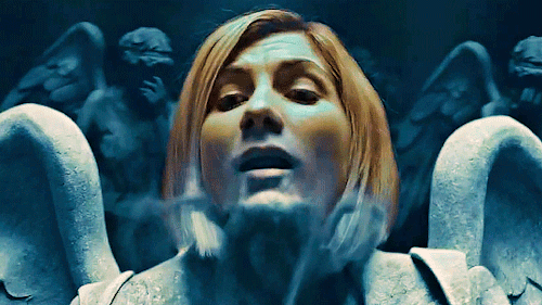 Jodie Whittaker as the Thirteenth Doctor turning into a Weeping Angel