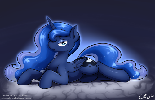 crackervolley:  nekocrispy:  Princess of the Night ver 2 by ~CrispyChris I didn’t like how dark the first one came out, Luna blended into the background to much. So I decide to change the lighting and added a blue light behind her~  O-oh…!  Ooo, pretty
