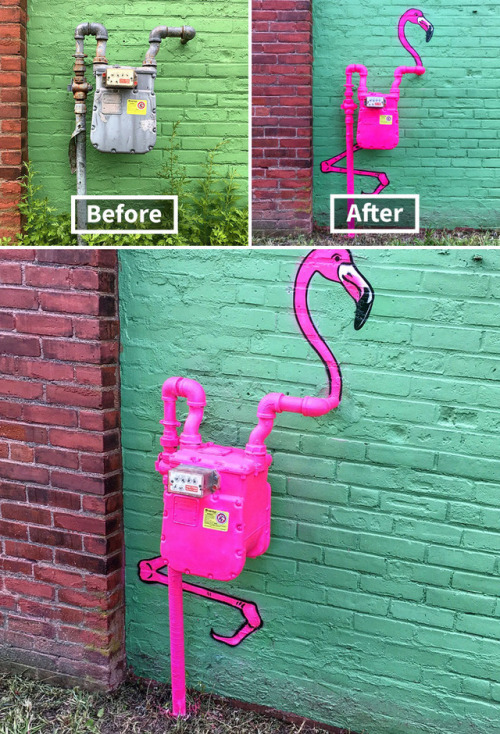 sixpenceee:  Tom Bob refuses to simply live  in the world. He’s reshaping it. Creating clever street art on common  objects in the urban landscape, he’s perfectly personalizing his boring  surroundings. (Source) More info: Instagram    these are great