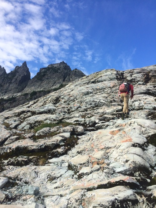 Jacob and the Cascade Crest of the Alpine Lakes Wilderness atop Chikamin Peak.