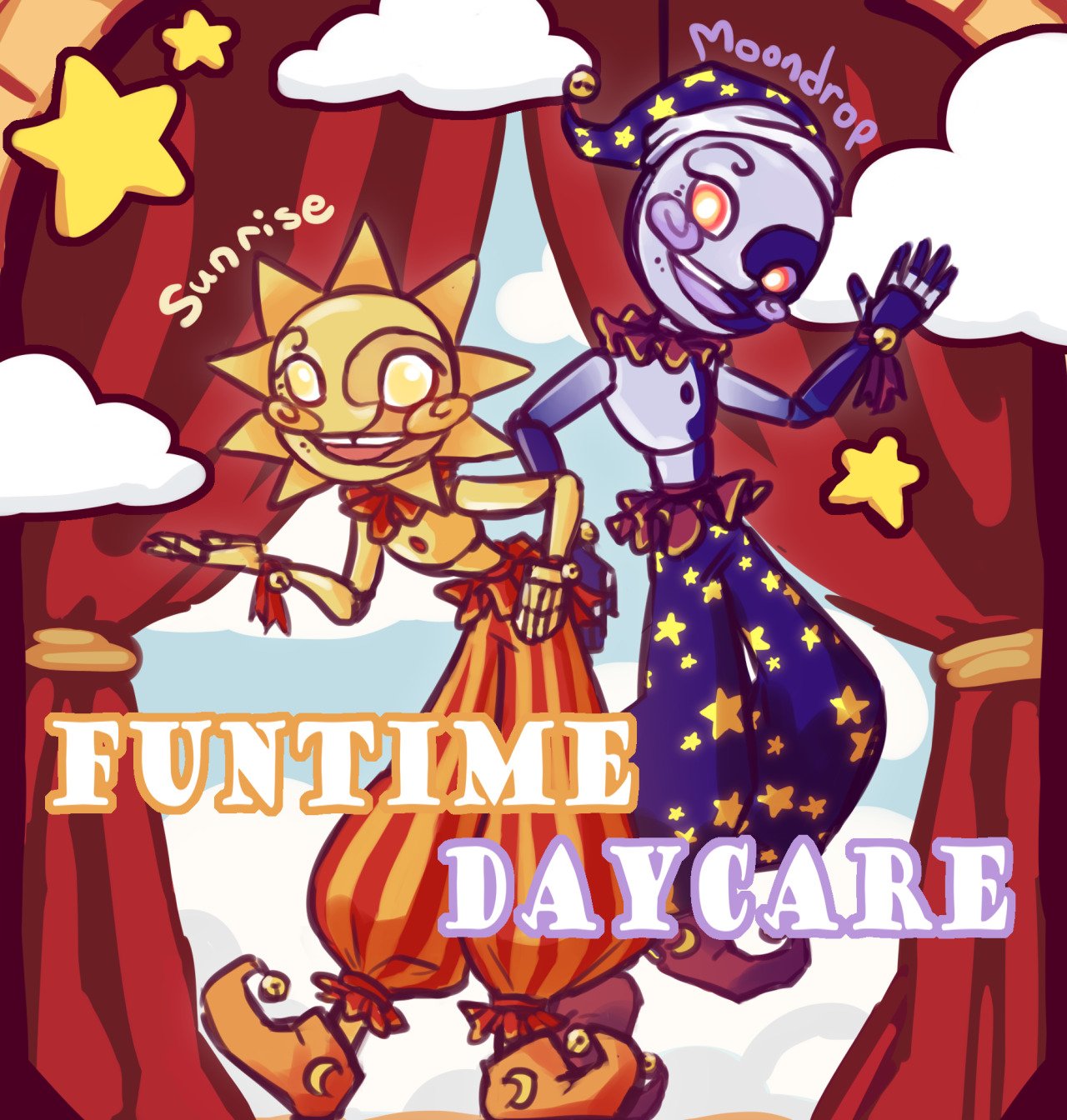 Hello, helloooo! What time is it? Its time to play! Come visit your  friends Sunrise and Moondrop in the Fazbear Funtime Daycare, where every  time is fun!couldn’t find an official theme name so i called it the ‘funtime daycare’ for the ‘day/night’ pun and also bc the entrance says ‘slide into fun’. later learned its apparently the superstar daycare but thats not going to stop metoday i give you: clownbots (cutified) tomorrow: who knows? #fnaf #fnaf security breach  #sunrise and moondrop  #sundrop and moondrop #sundrop#moondrop#fnaf sb #five nights at freddys #fnaf fanart #fnaf sun and moon #fnaf daycare#art#art etc#my art #artists on tumblr  #I Will Make The Robot Mascots Cute Come Hell Or High Water
