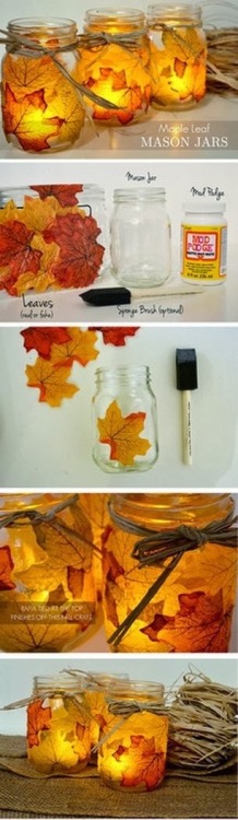 funnylittlewitchgirl:  love-this-pic-dot-com:  Maple Leaf Mason Jars  I spy with my little eye possible altar decorations…