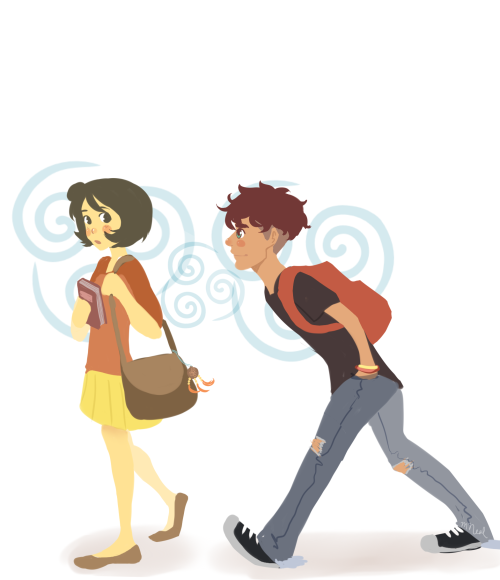 neal-mackenzie:  Kai and Jinora in a modern High School AU <3 I love these two so much. Jinora would be an A+ student who carried a book everywhere she went, and Kai would be the skater bad-boy who follows her around like a puppy. :) Too adorable.