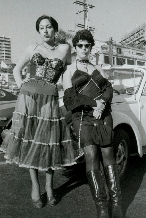 superblackmarket:Alice Bag and Pleasant Gehman in the Tower Records parking lot photographed by Jenn