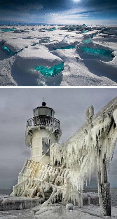 catastrophic-cuttlefish: 1 - Baikal ice emerald2 - Frozen lighthouse on Lake Michigan shor