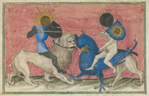marginaliant:The sun and the moon jousting, from the Aurora consurgens alchemical treatise (15th Cen