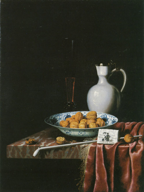 Hubert van Ravesteyn - Walnuts, a Tobacco Packet, and a White Jug on a Table1671oil on canvasArt Gal