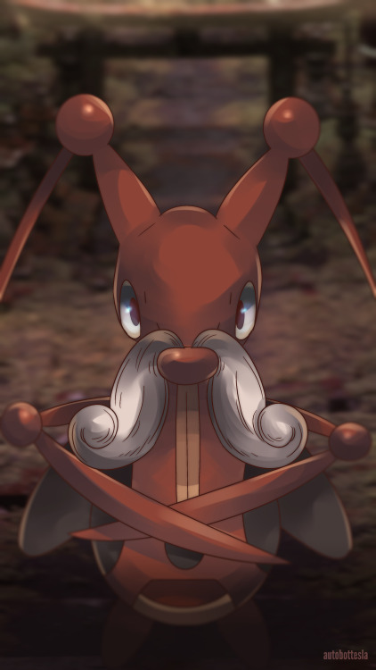 autobottesla:  Day 570 - Korotock | コロトック | Kricketune Korotock is a mustachioed Pokémon, every single one. They turn white when they’re old and mastered their two crafts. Korotock protects forest shrines where Celebi appears. When Celebi