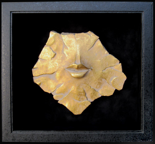 BREAKING UP: LIPQUAKE - cast & carved plaster, metal leaf, black faux suede shadowbox, wood, gla