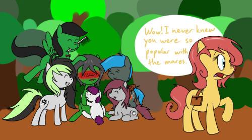 ask-humming-way:  P-Panny! Wait up, i-it’s not what it looks like!!! Punky you can stop hugging me now! (Featured: ask-jade-shine, askbreejetpaw, ask-punky, askgothika, asktheabby) (I just realised how much grey and green ponies there are in this update.