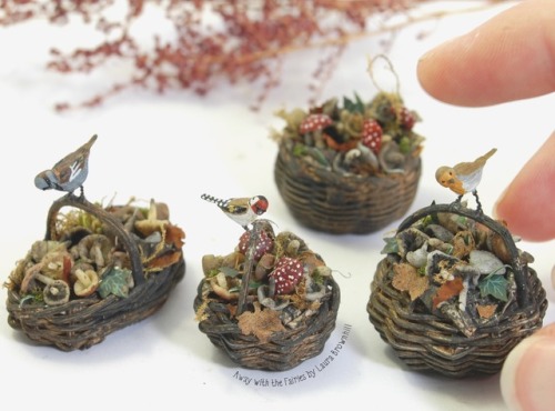 Birds on baskets of woodland mushrooms Away with the Fairies by Laura Brownhill