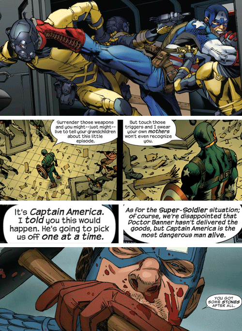 elisedelasarah:Sarah’s list of Marvel characters: 1610 Steve Rogers- “You son of a bitch…that was cheating….” - “No, that was tactics.” 