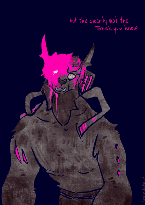 A horrified bugbear against a dark background. There's canisters of bright pink fluid on his back and tubes running down his arms. The fluid is dripping down his face, obscuring one eye. There is text that says "But this is clearly not the Torbek you knew."