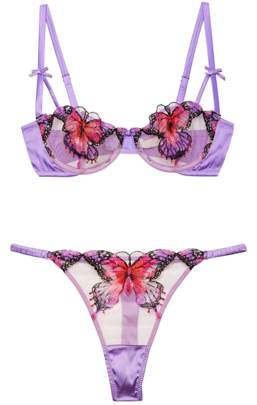 Fleur Du Mal | Butterfly Embroidery In Lilac Silk + Embroidered Tulle