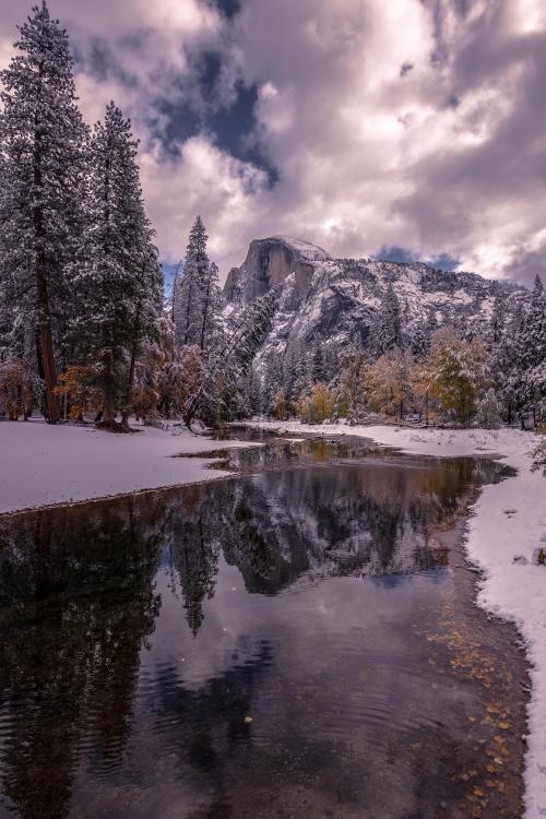 oneshotolive:  A snowy morning with Half Dome and the Merced River, Yosemite National Park [OC][5223x7831] 📷: franklinsteinnn 