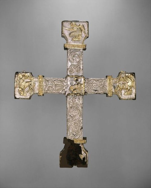 Processional cross (Asturias, Spain,c. 1150 – 75).  Made of silver, carved gems, jewels, and gilt on