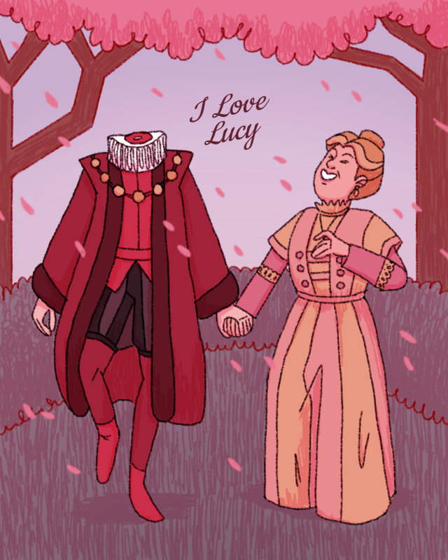 A drawing of Lady Button and the headless body of Humphrey from BBC Ghosts labeled, "I Love Lucy." They are holding hands and walking through a field of cherry blossoms.