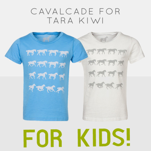 Cavalcade for Tara Kiwi’s Gaits of the Horse t-shirt is now available in kids’ sizes 2-1