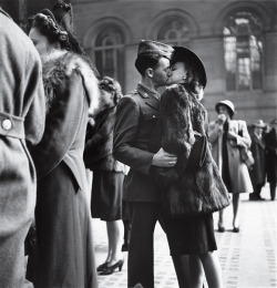 dysphorism:    crescendowls:  youthpalms:  missarolp:  An American soldier kisses his girlfriend goodbye at Penn Station, New York, 1944.  this is heartbreaking  Photos like this make me wonder: Did he live? Did he ever return home? Did they ever get